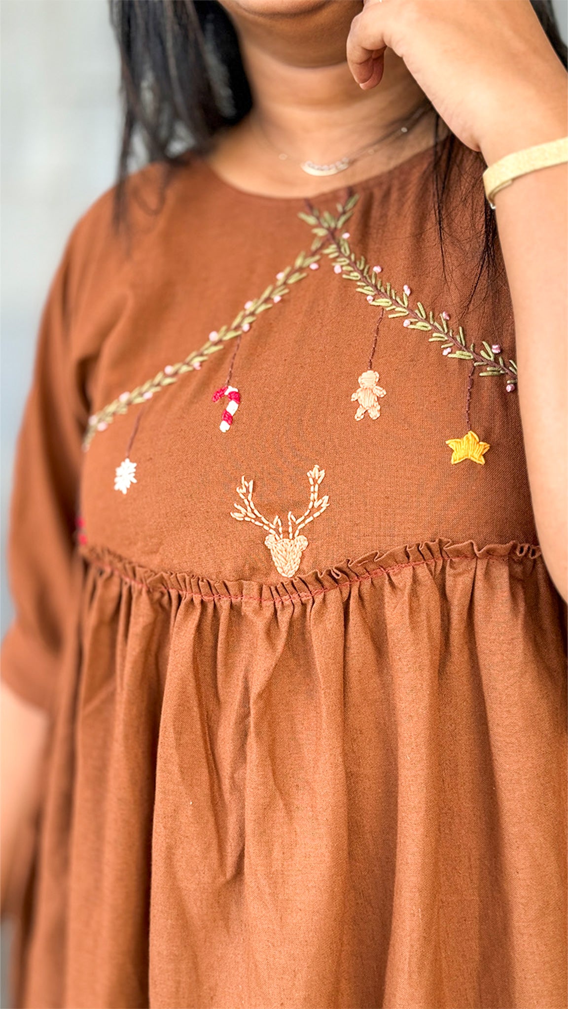 Caramel Brown Dress with Festive Deer Embroidery image 1