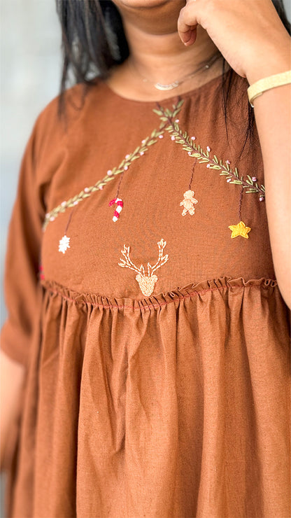 Caramel Brown Dress with Festive Deer Embroidery image 1
