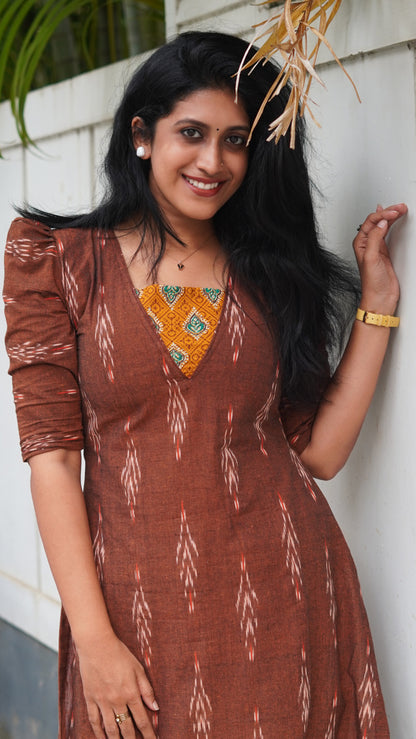 Caramel Brown Ikat Print Kurti with Mustard Yoke image 1
