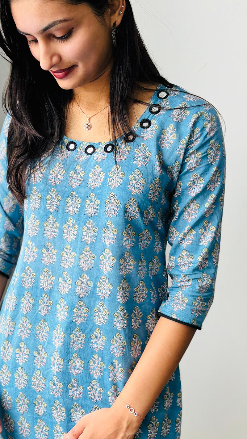 Blue Block Printed Cotton Kurti with Mirror Work image 2