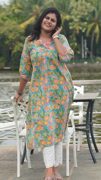 Aqua Blue Cotton Kurta with Floral Pattern