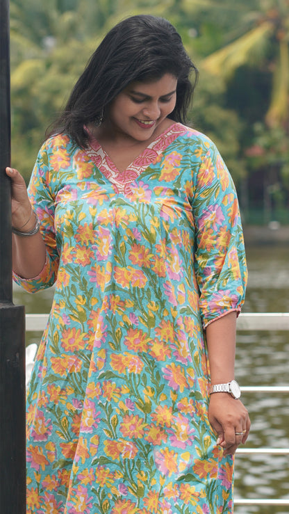 Aqua Blue Cotton Kurta with Floral Pattern