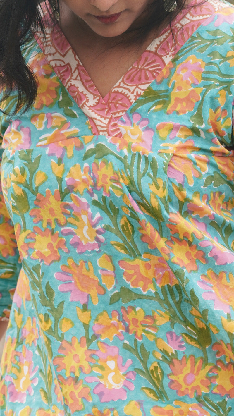 Aqua Blue Cotton Kurta with Floral Pattern