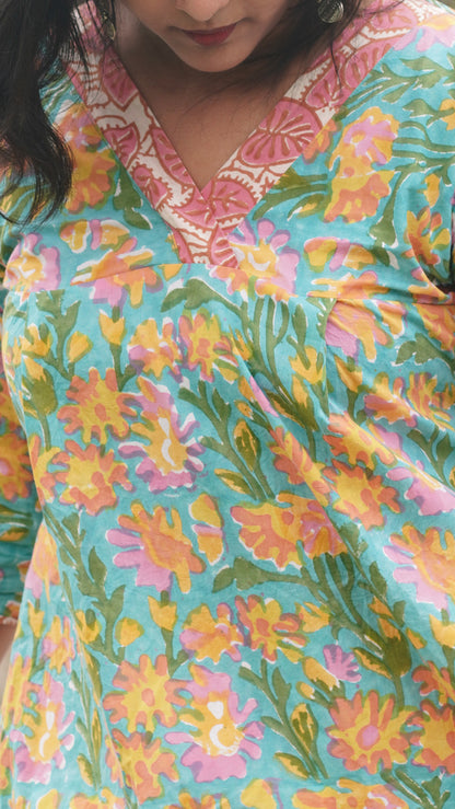 Aqua Blue Cotton Kurta with Floral Pattern