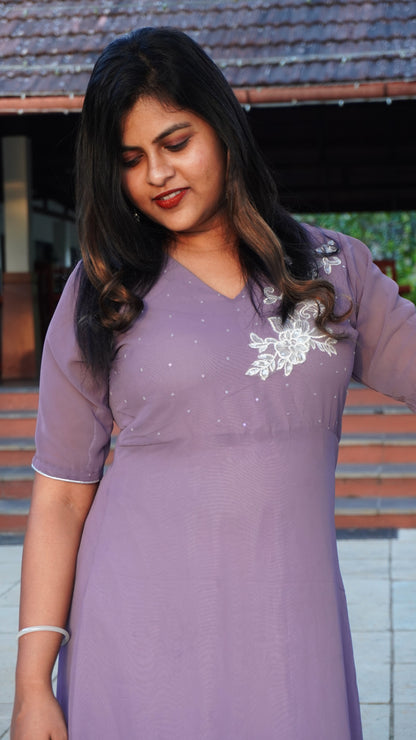 Pure georgette Lavender Pastel Kurta with hand embroidery image 1