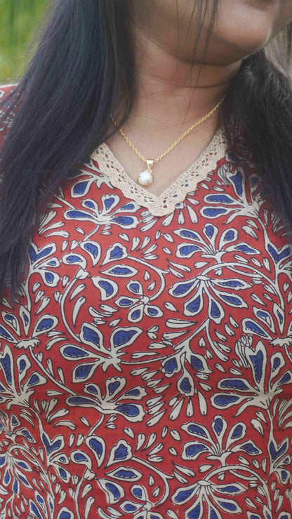 Long Red kurti with Blue and Beige hand block print image 3