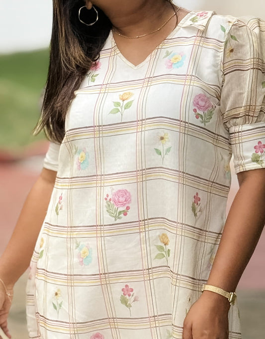 Ivory Floral Checked Dress image 1
