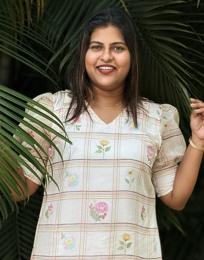 Ivory Floral Checked Dress image 3