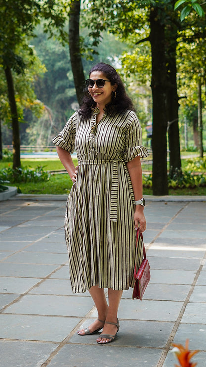 Elegant Beige and Black Striped Dress
