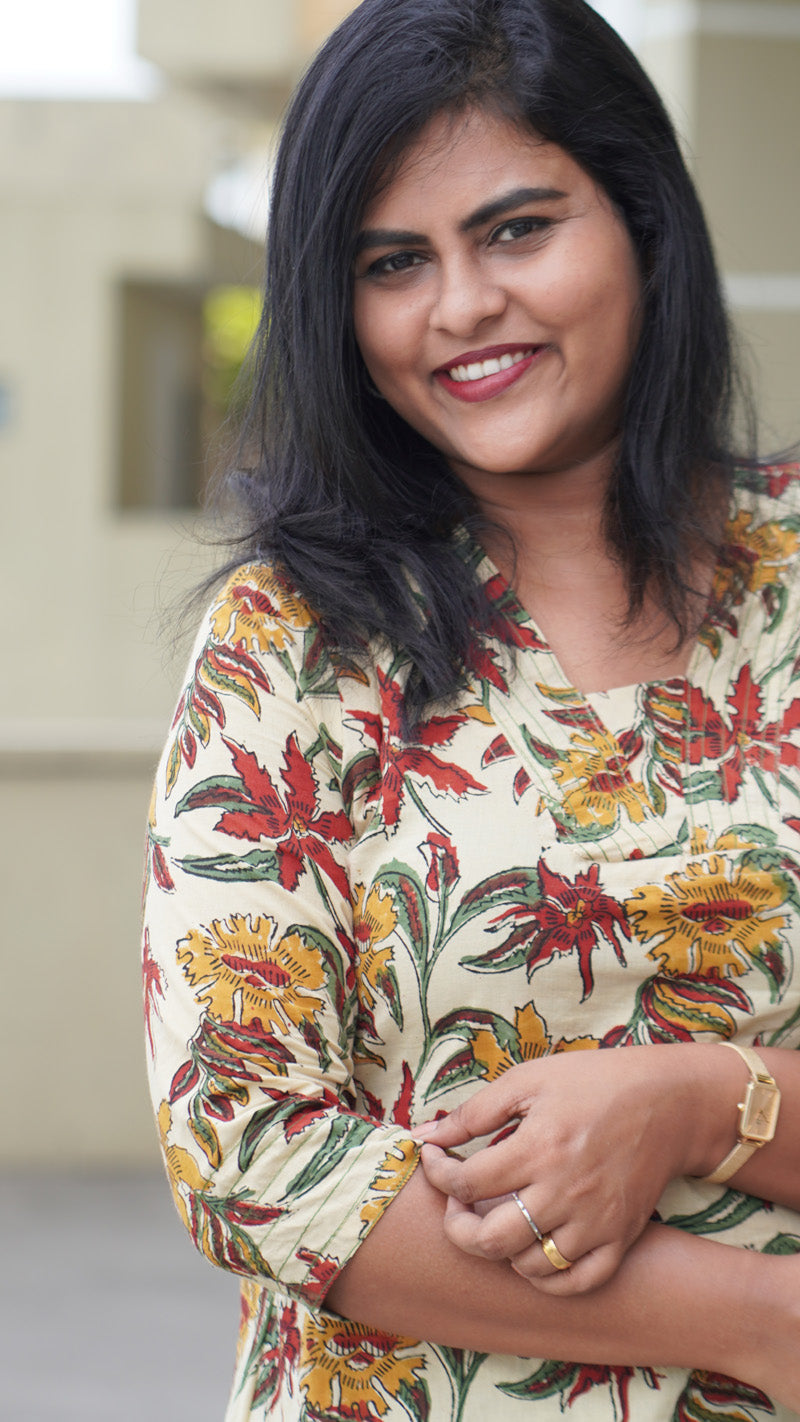 Beige Floral Block Printed Cotton Kurta