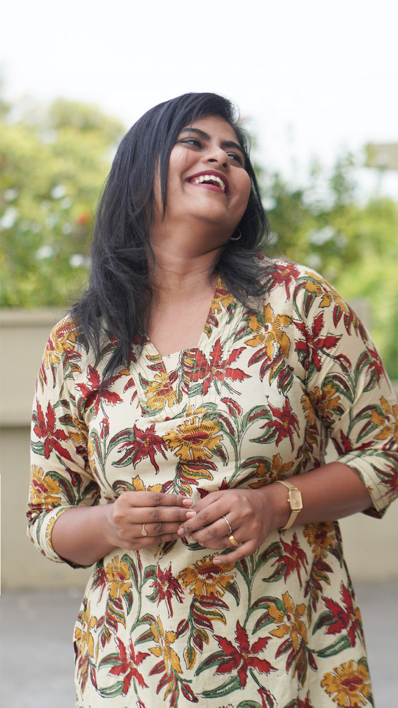 Beige Floral Block Printed Cotton Kurta