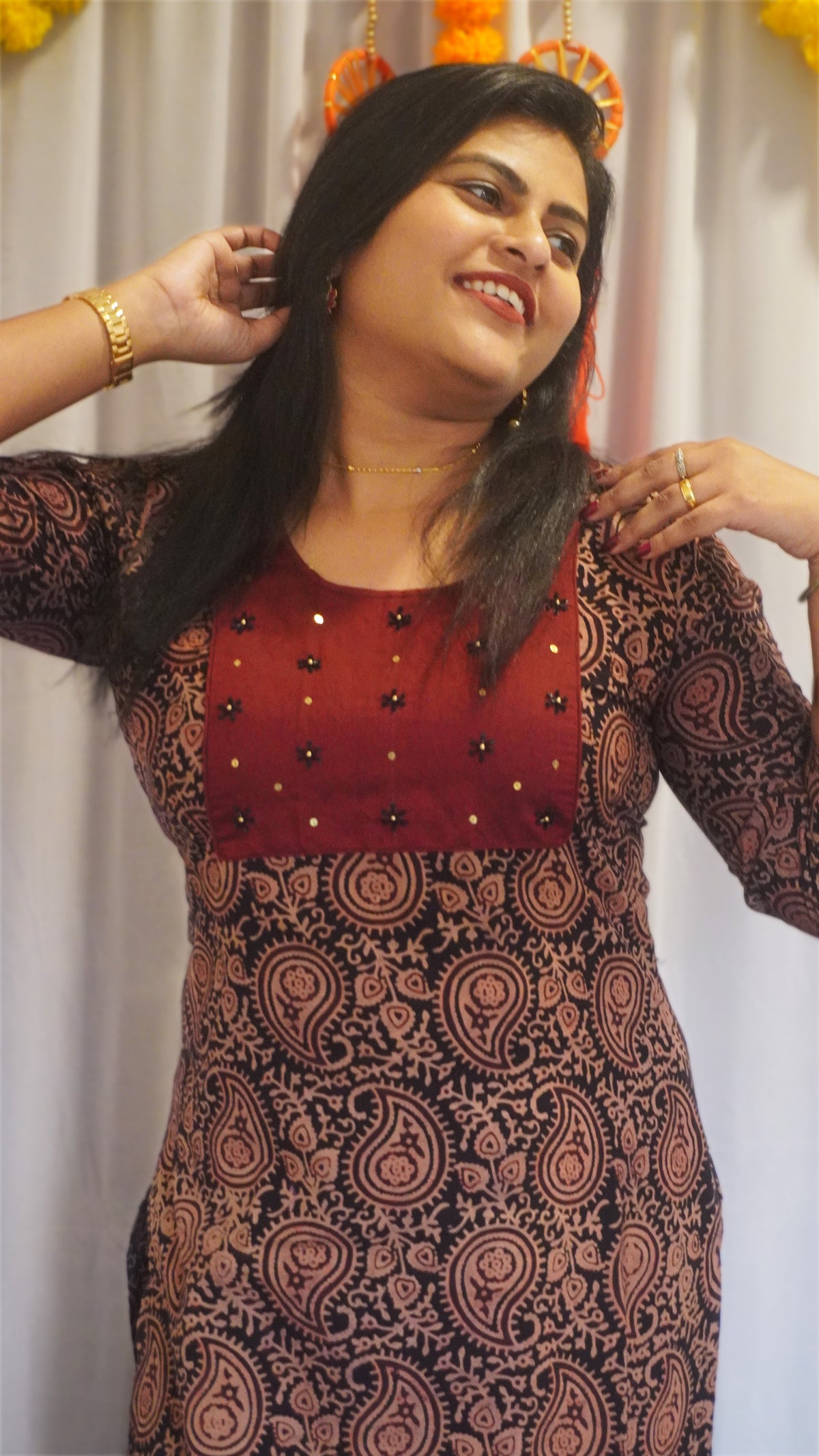 Black and Maroon Ajrakh Kurti with Hand Embroidery Design