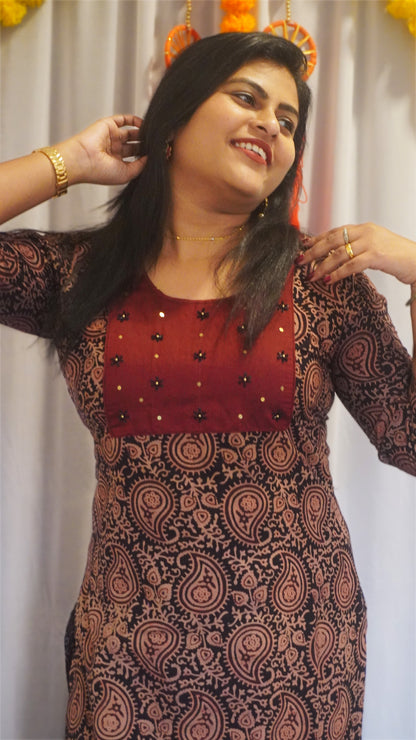 Black and Maroon Ajrakh Kurti with Hand Embroidery Design