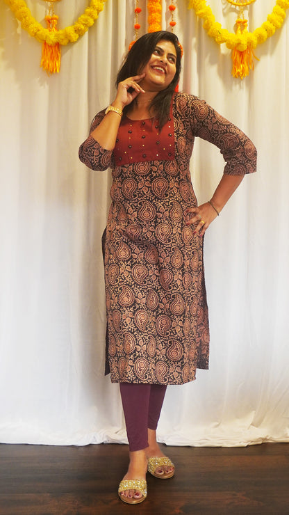 Black and Maroon Ajrakh Kurti with Hand Embroidery Design