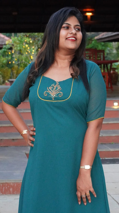 Bottle green georgette Kurta with hand embroidery