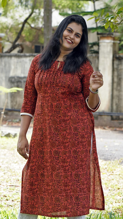 Brick Red Hand Block Printed Pure Cotton Kurti