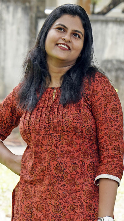 Brick Red Hand Block Printed Pure Cotton Kurti