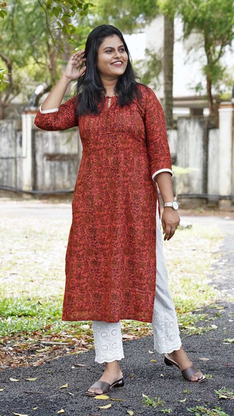 Brick Red Hand Block Printed Pure Cotton Kurti