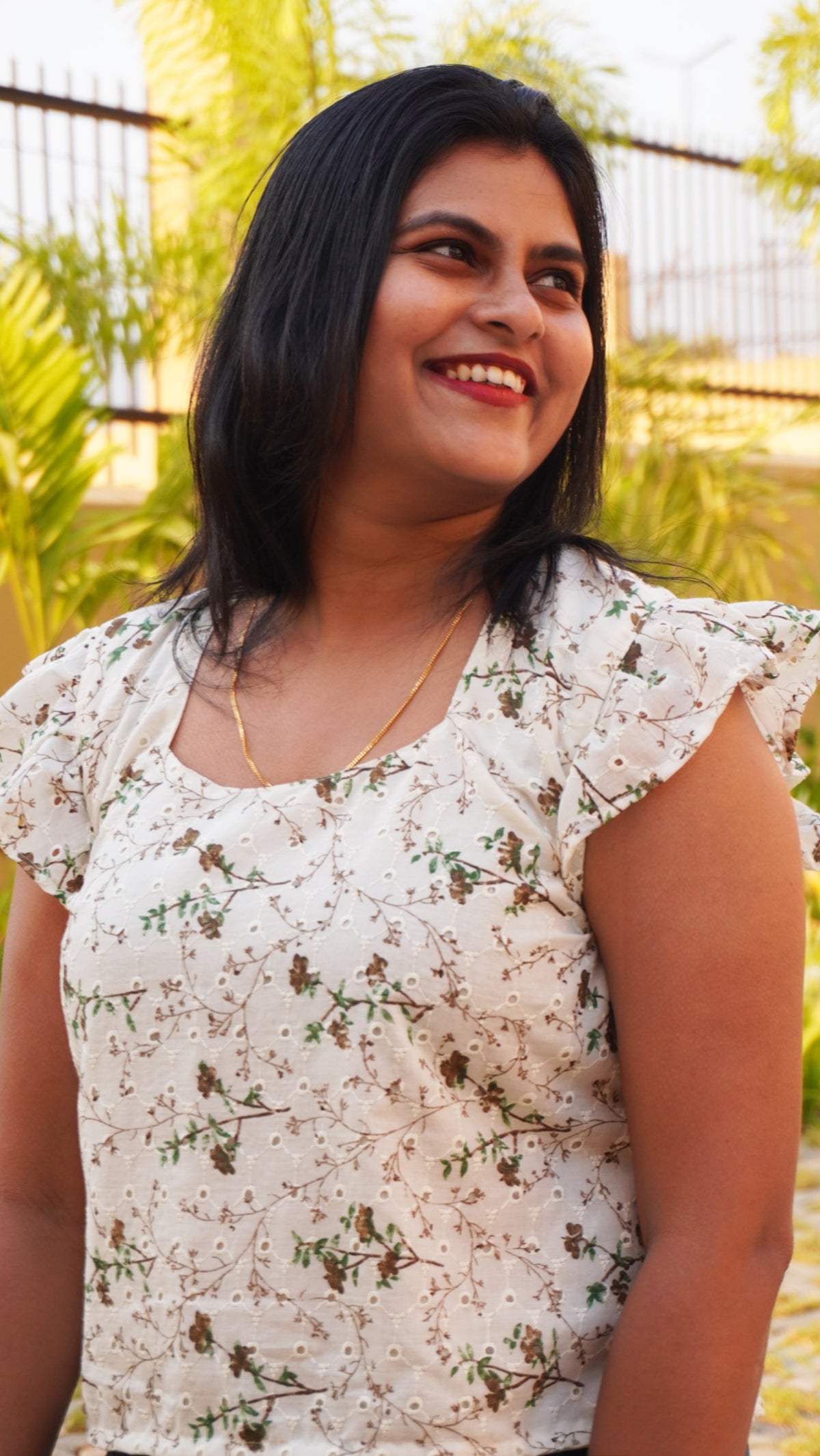 White Cap Sleeve Hakoba Top with Green and Brown Floral Design image 3