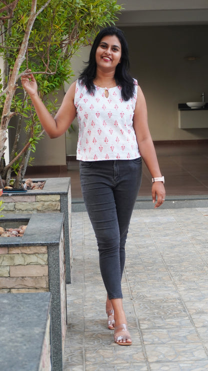 White and Red Sleeveless Hakoba Top image 1