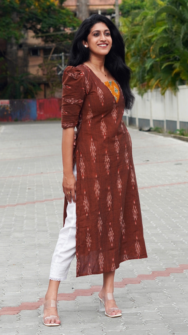Caramel Brown Ikat Print Kurti with Mustard Yoke