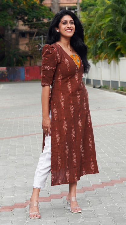 Caramel Brown Ikat Print Kurti with Mustard Yoke