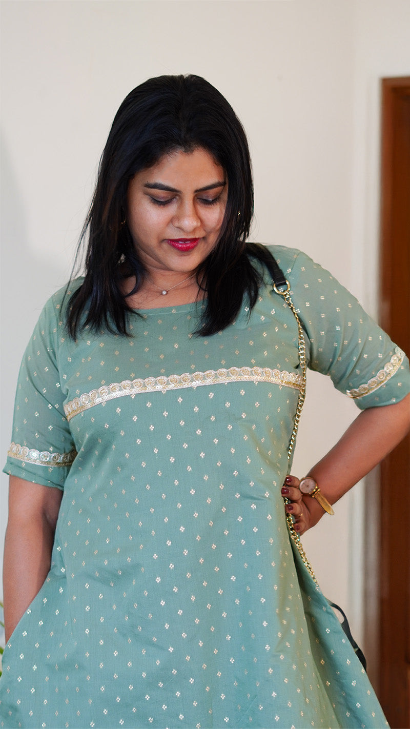 Mint Green A-Line Chanderi Silk Kurti with Gota Lace and Buta Work image 1