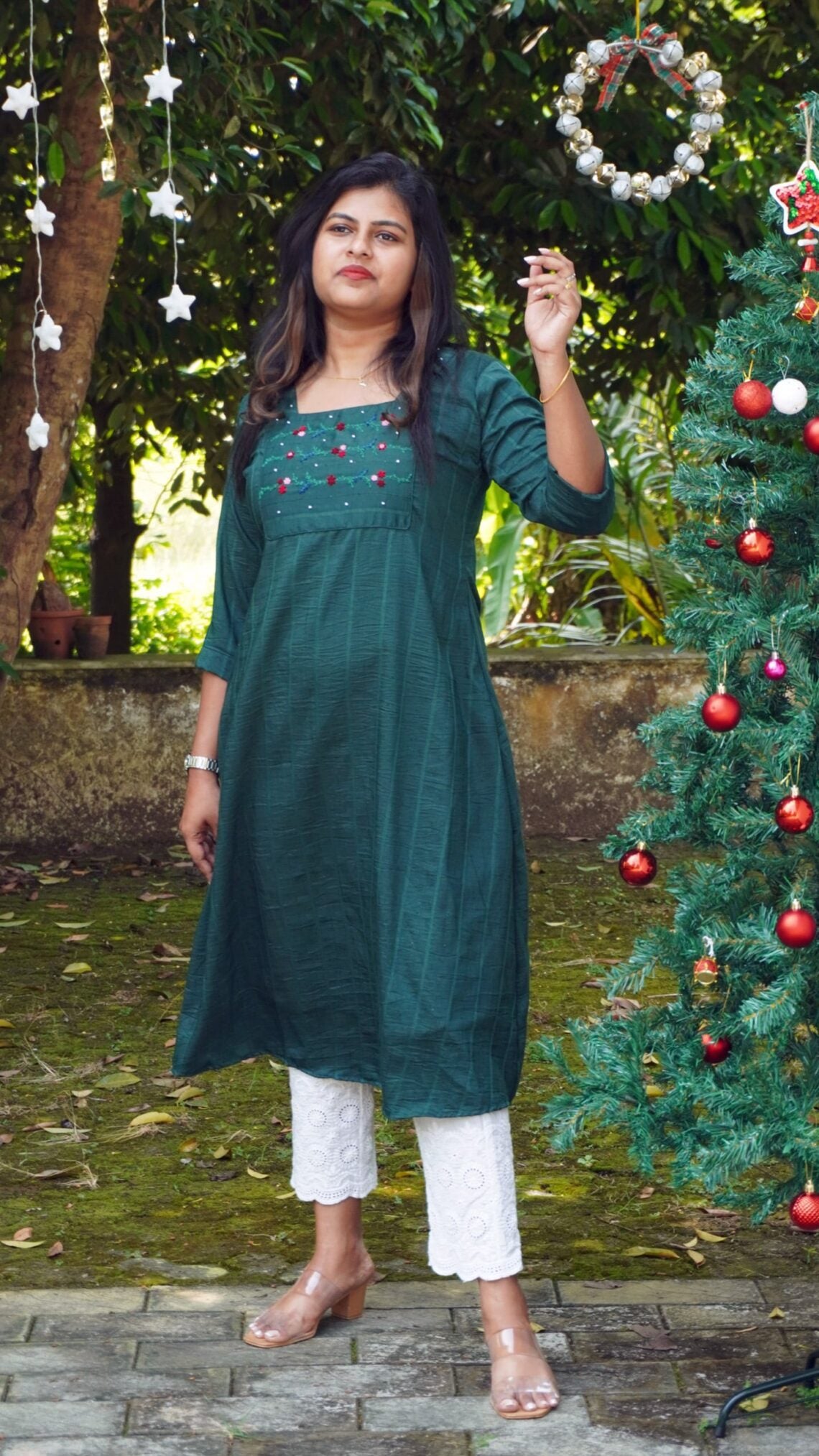 Green Cherry Silk and Floral Hand Embroidery Kurta