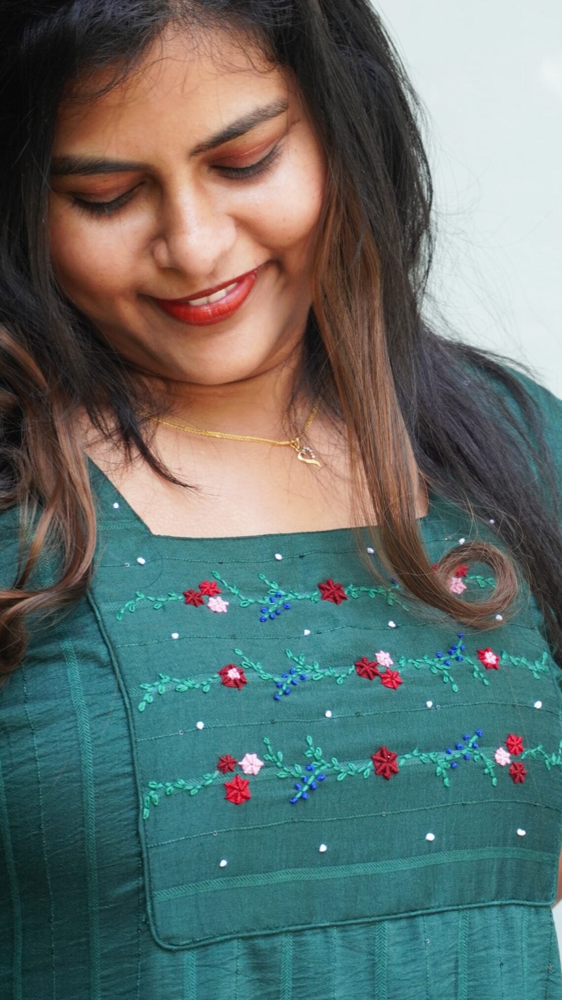 Green Cherry Silk and Floral Hand Embroidery Kurta