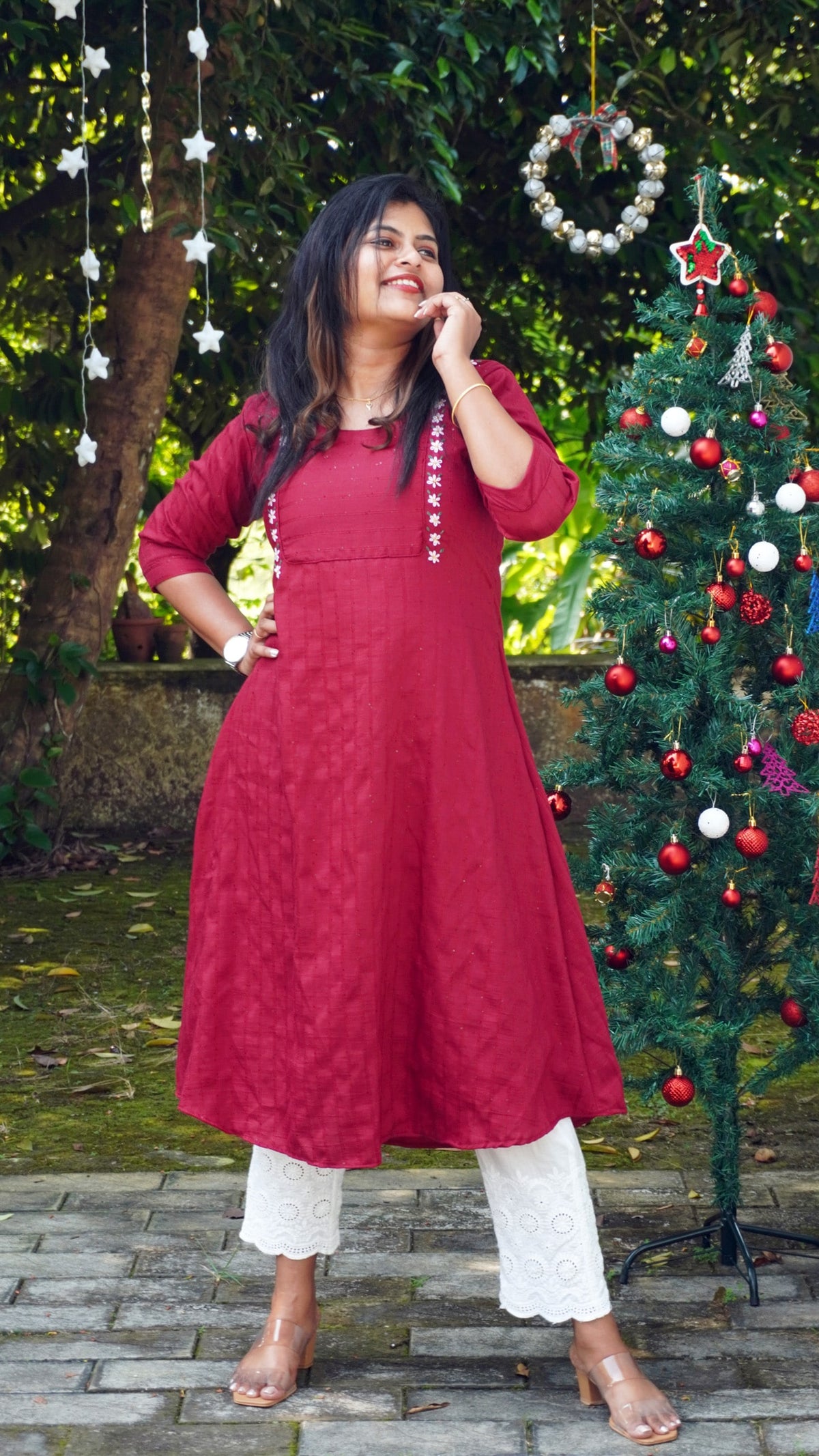 Maroon Cherry Silk and Floral Hand Embroidery Kurta