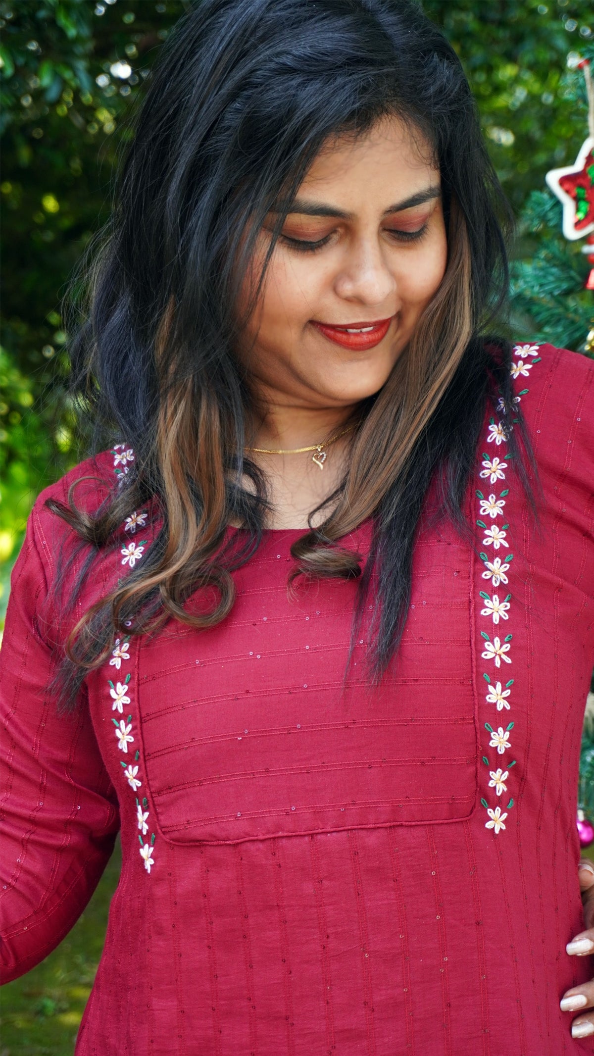 Maroon Cherry Silk and Floral Hand Embroidery Kurta