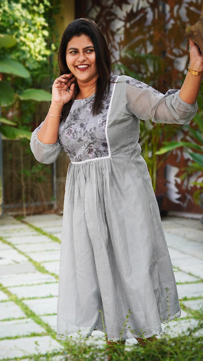 Cloud Grey Floral Kota Organza Fairy Dress