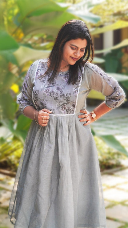 Cloud Grey Floral Kota Organza Fairy Dress