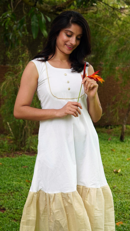 White Cotton Dress with Golden Tissue Silk Hem