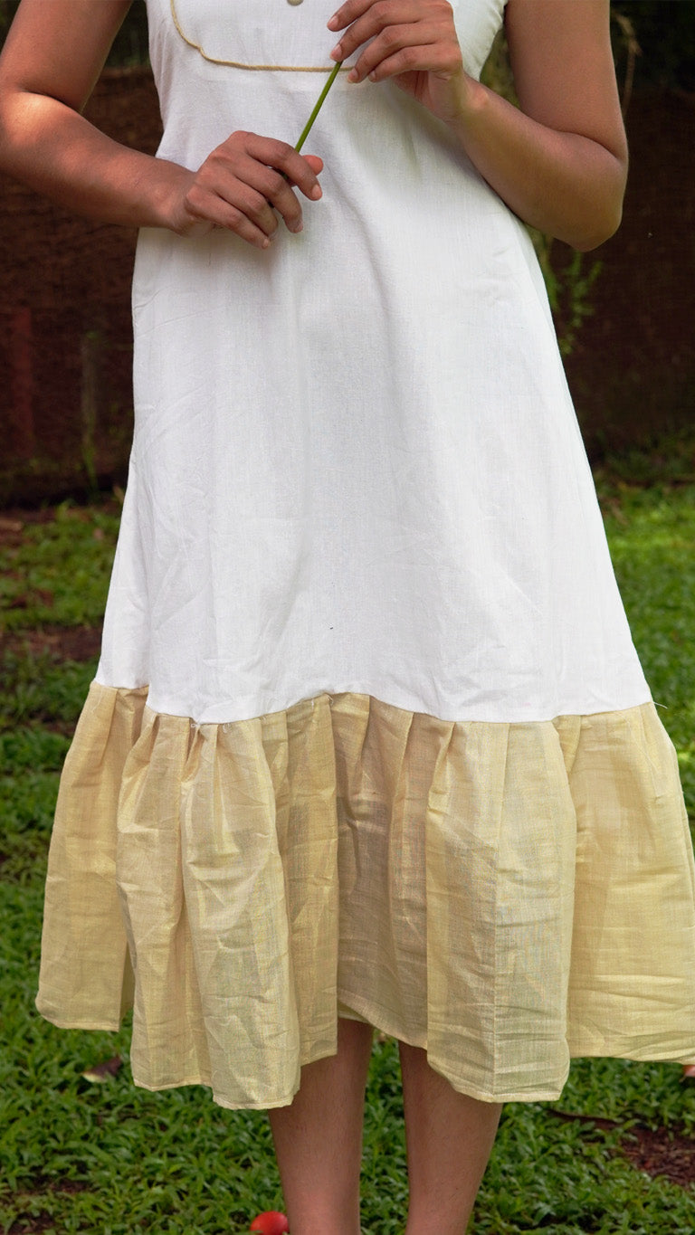 White Cotton Dress with Golden Tissue Silk Hem