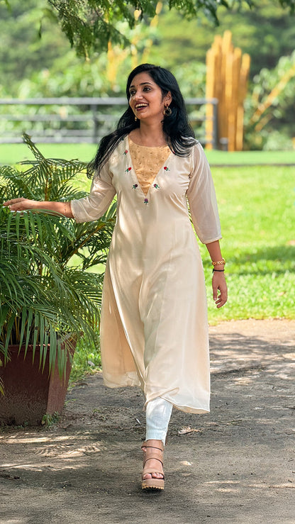 Cream Georgette Kurti with Vadamalli Embellished Yoke