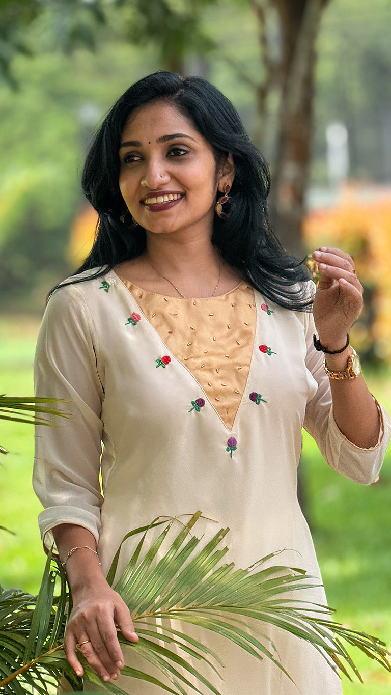 Cream Georgette Kurti with Vadamalli Embellished Yoke