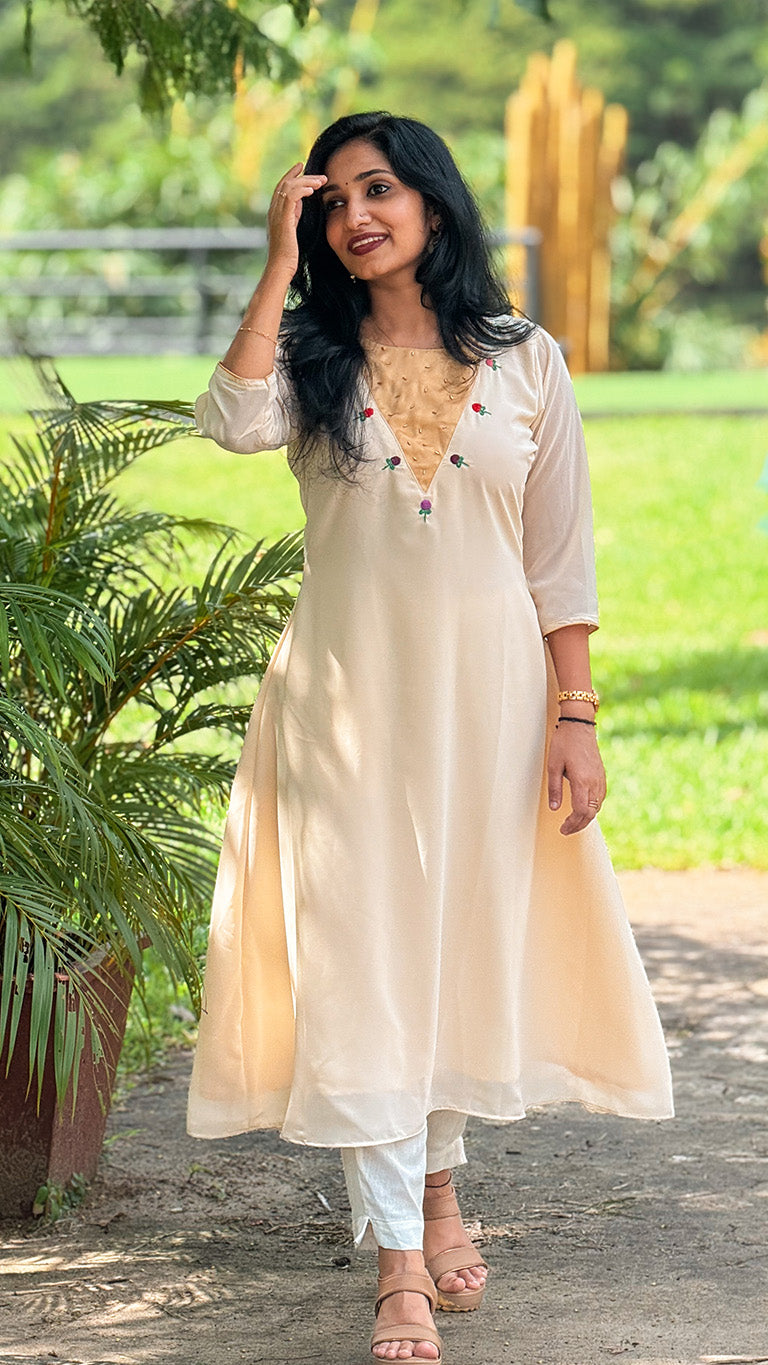 Cream Georgette Kurti with Vadamalli Embellished Yoke