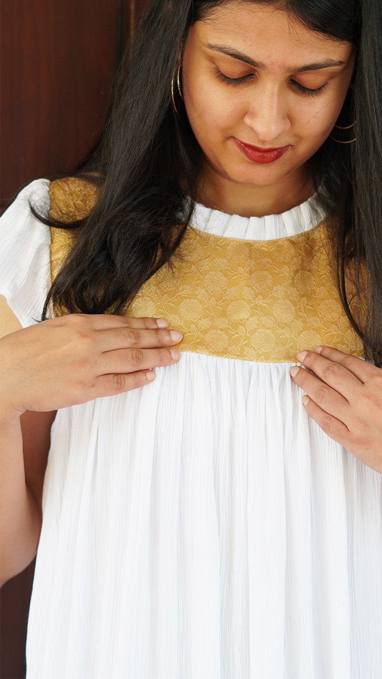 Off-White Pleated Premium Rayon Dress with Golden Brocade image 3