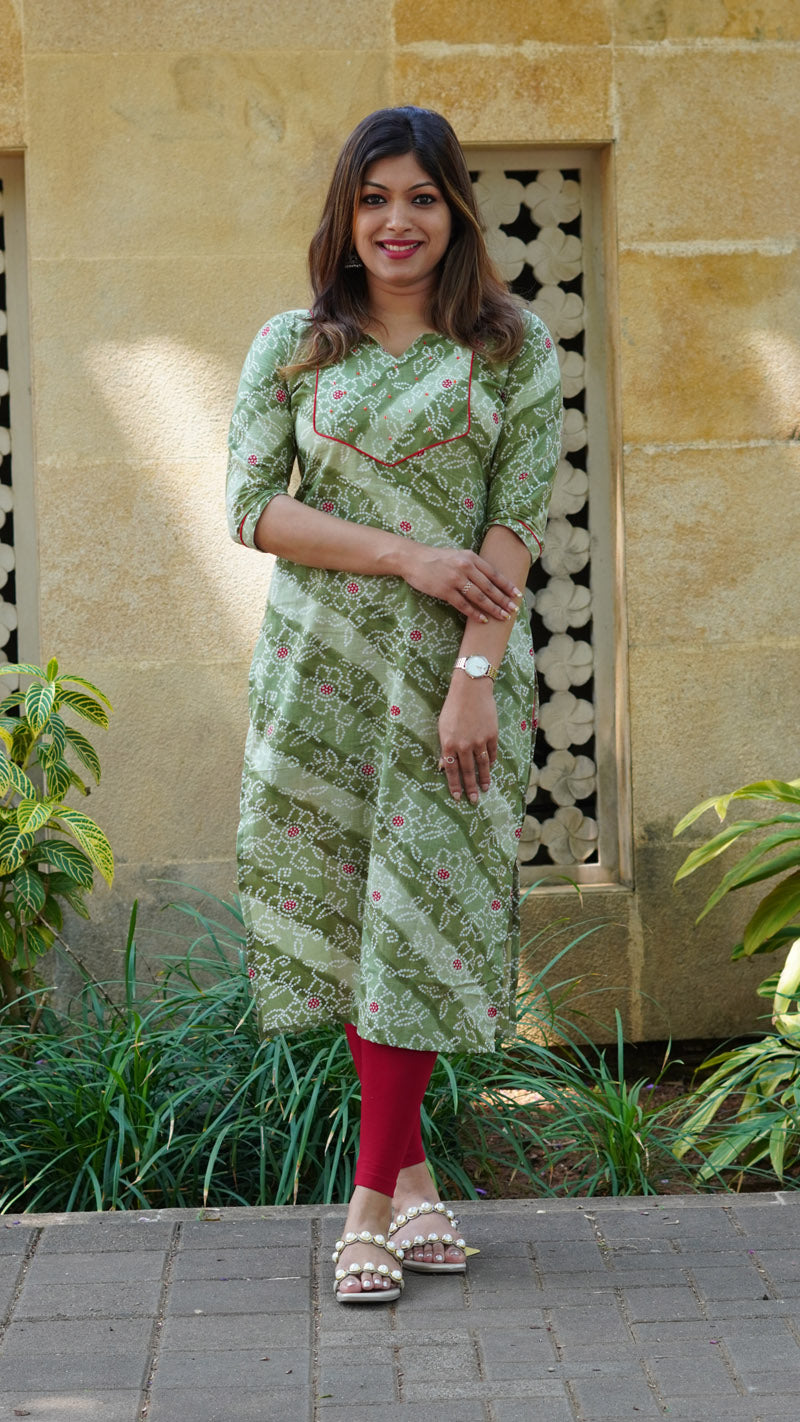 Woodland Green Bandhani Printed Kurti with Sequins hand embroidery image 0