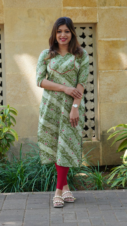 Woodland Green Bandhani Printed Kurti with Sequins hand embroidery image 0