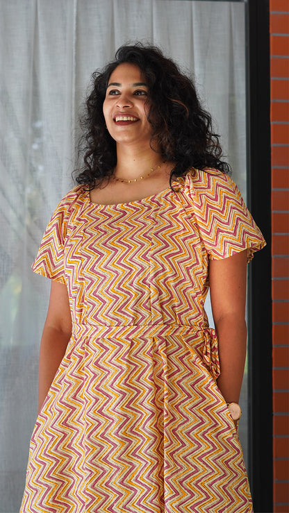 Yellow and Pink Zig Zag Printed Cotton Midi Dress image 3