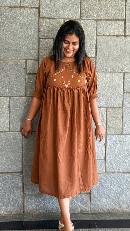 Caramel Brown Dress with Festive Deer Embroidery image 0
