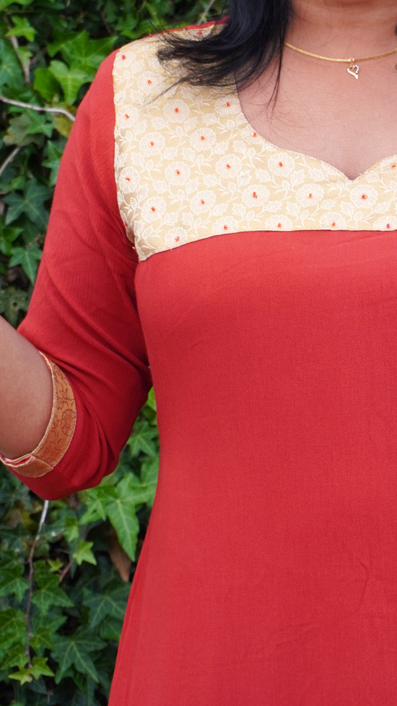 Rusty Red Hand Embroidered Kurti with Golden Yoke image 4