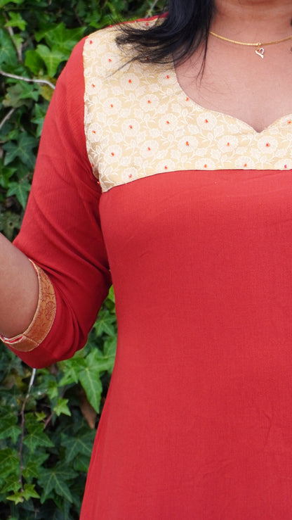 Rusty Red Hand Embroidered Kurti with Golden Yoke image 4