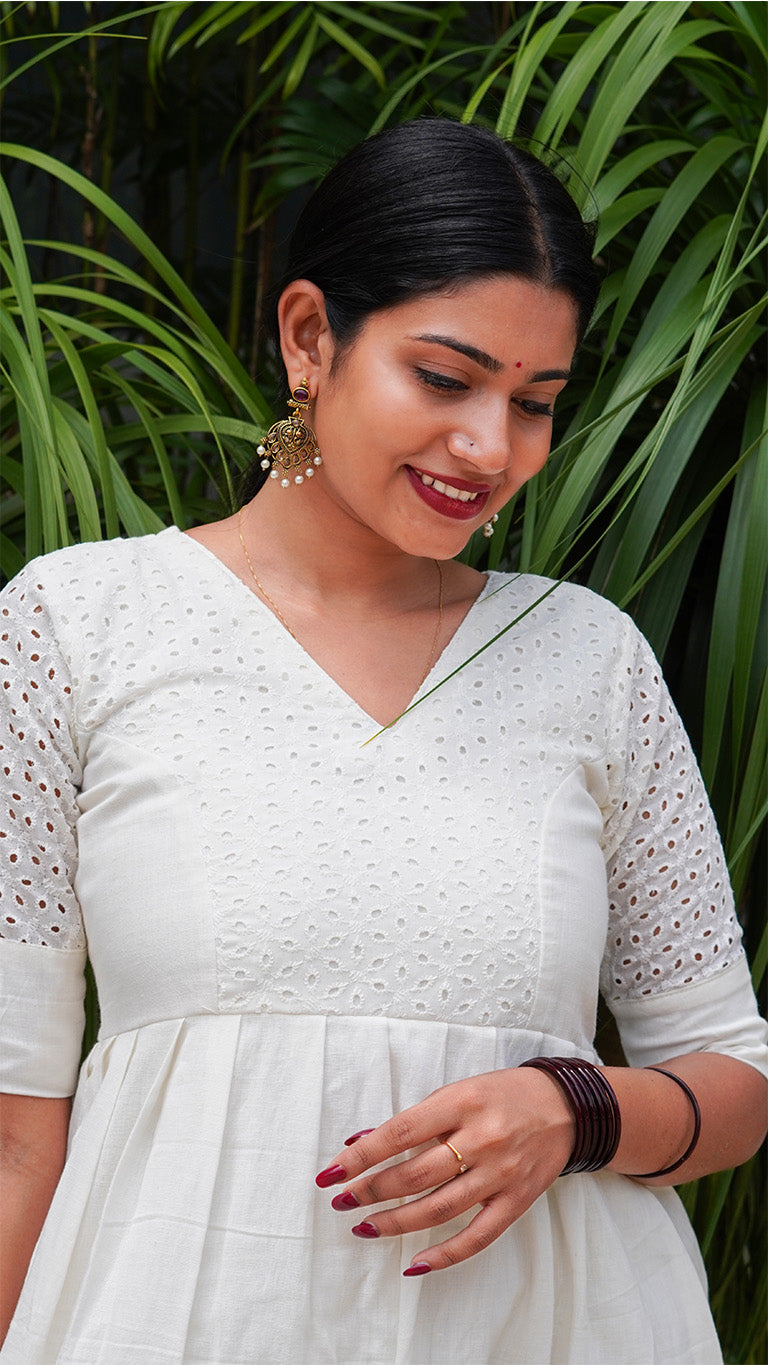 White Cotton Kurti -Dress with Hakoba Detail image 2