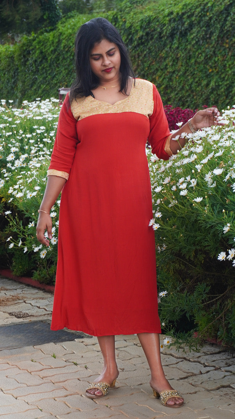 Rusty Red Hand Embroidered Kurti with Golden Yoke image 1
