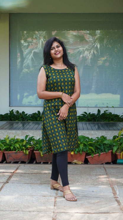 Dark Green Printed Sleeveless Kurti image 1