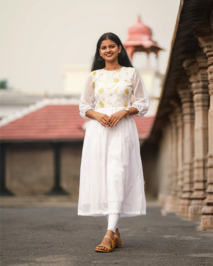 White and Yellow Embroidered Dress or Kurti image 0
