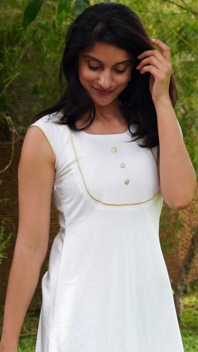 White Cotton Dress with Golden Tissue Silk Hem image 3